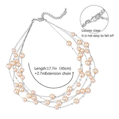 FULU AUTUMN Layered Pearl Necklace Multi-strand Pearl Choker Necklaces for Women Beaded jewelry for Wedding Parties - color: Champagne