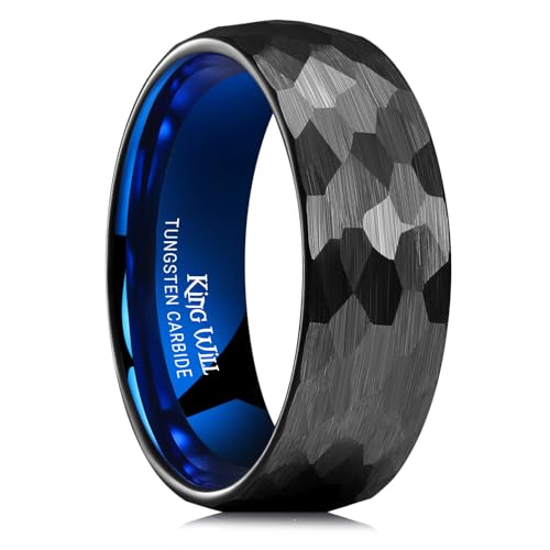 King Will Men's Tungsten Carbide Wedding Ring Hammered Groove Wedding Band Mens Two Tone Engagement Ring for Men and Women Matte Brushed Finish Comfort Fit - color: Black & Blue 8mm