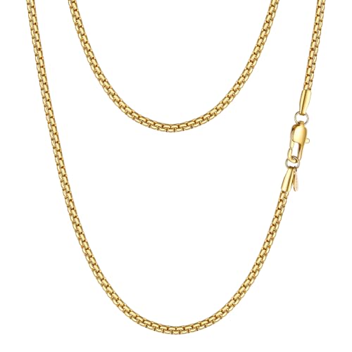 PROSTEEL Stainless Steel Flat Box Link Chain Necklace for Men | Silver/Black/18K Gold Plated,2/3/4/5/6/7/8mm Width Chain with Strong Lobster Clasp/Waterproof Men Women Jewelry with Gift Box - size: 20 inch(51cm), style: 2mm-Luxury Gold
