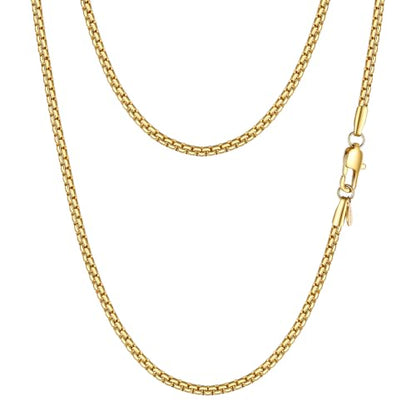 PROSTEEL Stainless Steel Flat Box Link Chain Necklace for Men | Silver/Black/18K Gold Plated,2/3/4/5/6/7/8mm Width Chain with Strong Lobster Clasp/Waterproof Men Women Jewelry with Gift Box - size: 14 inch(35cm), style: 2mm-Luxury Gold