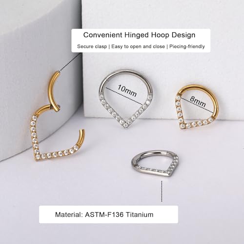 Titanium 16G Septum Ring Piercing Jewelry Nose Rings Hinged Clicker Hoop | G23 Titanium Silver Gold Hinged Segment Daith Piercing Jewelry Non-irritating , Clicker Septum Nose Piercing Jewelry Hoops - color: 03 Heart CZ-Gold, size: 16G-8mm