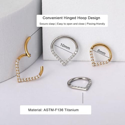 Titanium 16G Septum Ring Piercing Jewelry Nose Rings Hinged Clicker Hoop | G23 Titanium Silver Gold Hinged Segment Daith Piercing Jewelry Non-irritating , Clicker Septum Nose Piercing Jewelry Hoops - color: 03 Heart CZ-Gold, size: 16G-10mm