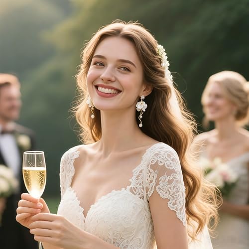 White Flower Petals Dangle Earrings Long Pearl Drop Earrings for Women | 14K Gold Plated Hypoallergenic Lightweight Elegant Floral Tassel Dangling Earrings for Wedding Graduation Pom Party