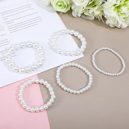 Grevosea 5 Pcs White Faux Pearl Stretch Bracelets for Women, Stackable Elastic Bridesmaid Wedding Jewelry Stackable Faux Pearl Bracelets for Women Wedding Jewelry Lady
