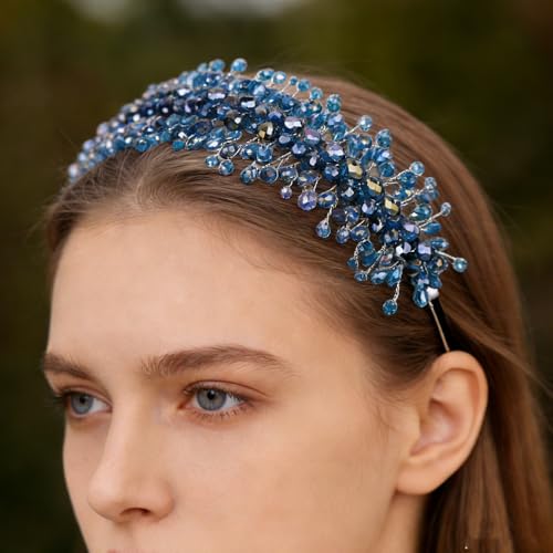 Denifery Large Crystal Headband for Wedding Bridal Hair Band Headpiece for Party Prom Hair Accessories (peacock blue) - color: peacock blue