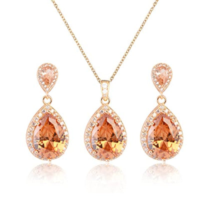 Bridal Jewelry Set for Wedding - 18k Plated Teardrop CZ Crystal Cubic Zirconia Rhinestone Necklace Earrings Set for Bride Bridesmaids Mother of Bride Party Prom Birthstone Costume Jewelry - color: Nov-Citrine