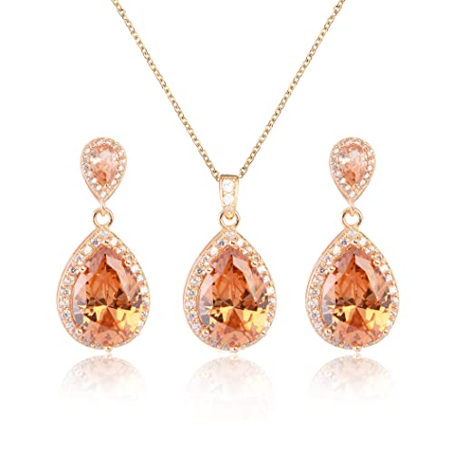 Bridal Jewelry Set for Wedding - 18k Plated Teardrop CZ Crystal Cubic Zirconia Rhinestone Necklace Earrings Set for Bride Bridesmaids Mother of Bride Party Prom Birthstone Costume Jewelry - color: Nov-Citrine