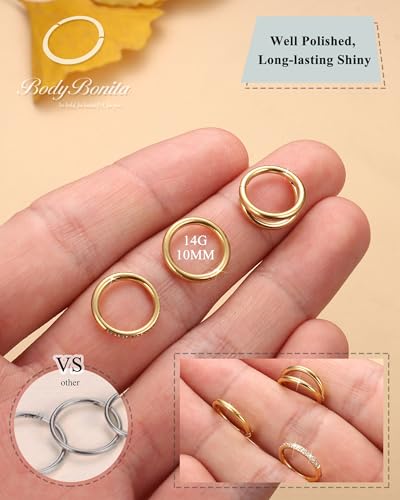 BodyBonita 3pcs Nose Rings Hoops - Double Hoop Nose Ring 14/16/18/20G Hinged CZ Piercing Jewelry Septum Clicker Rings Cartilage Earring Helix Rook Tragus Daith 7mm/8mm/9mm/10mm - color: 14K Gold Plated, size: 14 gauge(1.6mm)-10mm