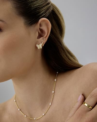 PAVOI 14K Gold Plated 925 Sterling Silver Posts Small Huggie Hoop Earrings for Women - Trendy Celestial North Star, Butterfly, Heart Hoop Earrings - Cubic Zirconia Cute Gold Motif Jewelry - Valentines Day Trendy Jewelry - style: Butterfly