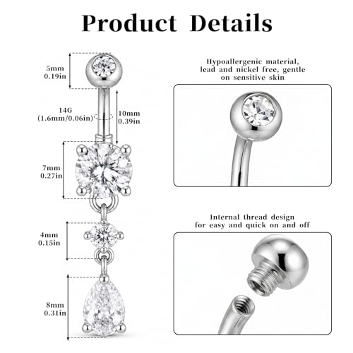 Titanium Belly Button Ring, 14G Internally Dangle Belly Ring for Women | Surgical Steel 316L, Teardrop Shiny CZ Belly Belly Piercing Jewelry