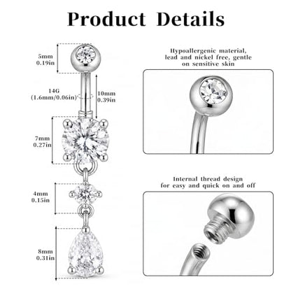 Titanium Belly Button Ring, 14G Internally Dangle Belly Ring for Women | Surgical Steel 316L, Teardrop Shiny CZ Belly Belly Piercing Jewelry