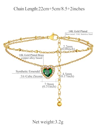 FindChic Bling Heart Birthstone Anklets Layered Beaded Ankle Bracelets for Women Gold/Black/Silver 12 Month Gem Colors Foot Chain Summer Jewelry for Girls, with Gift Box - color: Gold, style: 05. MayCreated Emerald