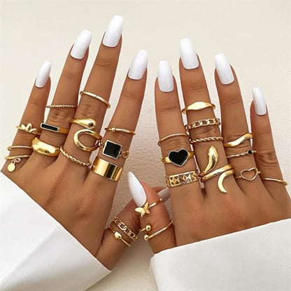 Gold Plated Knuckle Rings Set For Women,Vintage Stackable Joint Finger Midi Rings Dainty Simple Twist Hollow Rings Pack,Aesthetic Adjustable Y2K Punk Stacking Rings Jewelry Accessories - style: 27Pcs A-Gold