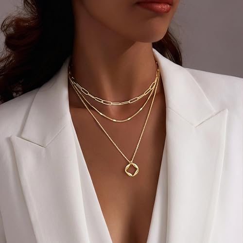 Poxtex Layered Gold Necklaces for Women, Stackable Dainty 14K Gold Silver Plated Trendy Simple Heart Diamond Cross Bow Circle Pendant Paperclip Choker Dot Chain Necklace,Jewelry Set Gifts for Women - color: Gold, style: Circle1