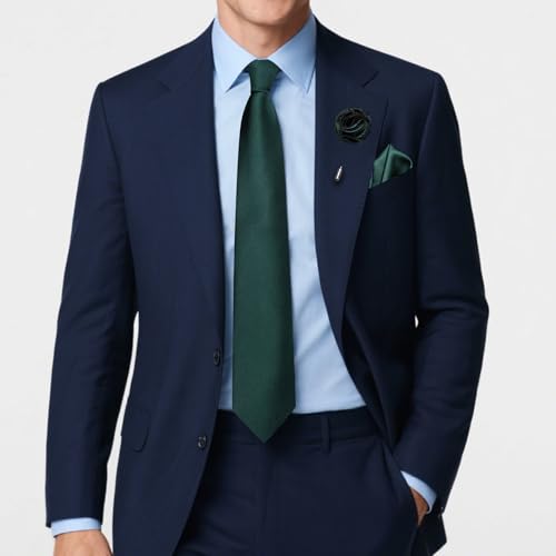 Solid Color Tie and Pocket Square with Tie Clip Lapel Pin Silk Formal Necktie Set Wedding Formal - color: Dark Green