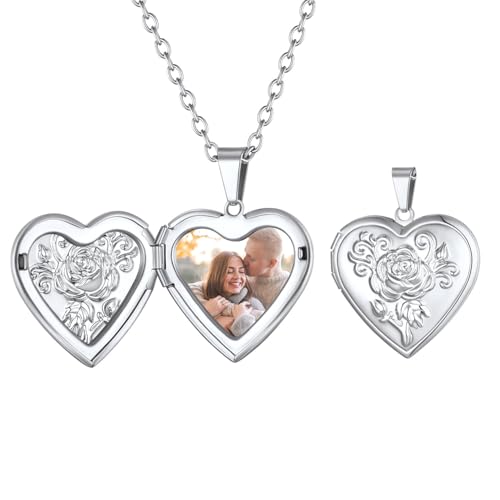 FindChic Locket Necklace for Women Custom Photo Memorial Gifts 4 Colors | Silver/Black/Rose Gold/Gold Plated Personalized for Loved Ones, Birthday Valentine's Day Keepsake - style: 12. Rose Relief (DIY)-Silver