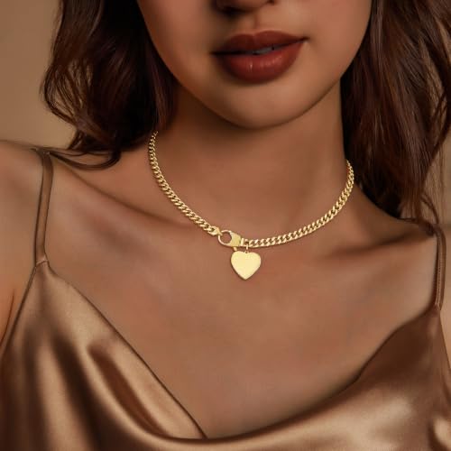 IMBOS 14K Gold Plated Chunky Chain Choker Necklaces for Women Chunky Gold Necklace Tennis Necklace for Women CZ Love Chain Cuban Link Choker Jewelry Gifts - color: Gold-Chunky Cuban Heart