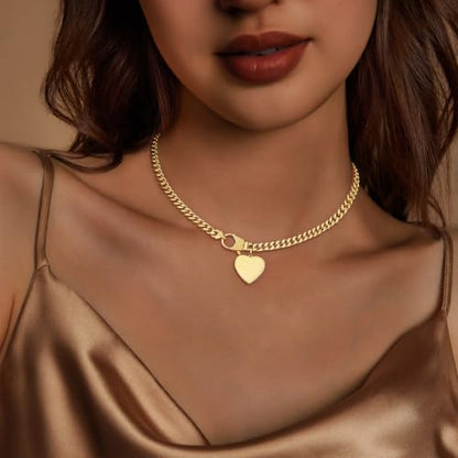 IMBOS 14K Gold Plated Chunky Chain Choker Necklaces for Women Chunky Gold Necklace Tennis Necklace for Women CZ Love Chain Cuban Link Choker Jewelry Gifts - color: Gold-Chunky Cuban Heart