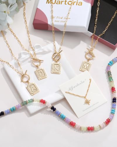 MJartoria Layered Initial Necklaces for Women | 14K Gold Plated Brass, Star Choker, Colorful Beaded, Square Letter Pendant, - color: Gold Plated, style: F