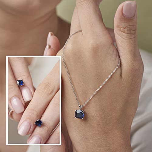 MAX + STONE 14k Gold Plated or Sterling Silver Cushion Cut Gemstone Stud Earrings and Pendant Necklace for Women with 6mm and 8mm Birthstones 18 Inch Chain and Push Backs Jewelry Set - style: Sterling Silver|Created Blue Sapphire