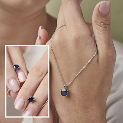 MAX + STONE 14k Gold Plated or Sterling Silver Cushion Cut Gemstone Stud Earrings and Pendant Necklace for Women with 6mm and 8mm Birthstones 18 Inch Chain and Push Backs Jewelry Set - style: Sterling Silver|Created Blue Sapphire