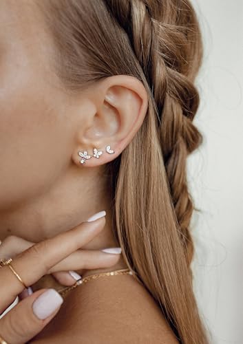 Sterling Silver Earrings Stacks for Women, Hypoallergenic Cartilage Earring | Dainty Stud Huggie Hoop Dangle Chain Earrings, 14K Gold/White Gold Plated - color: 3Pairs-Butterfly Set-Silver