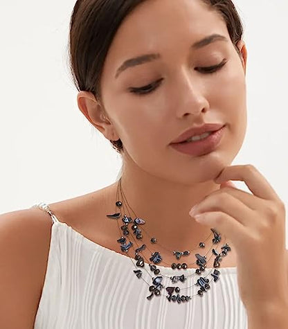 Multi-Layer Boho Shell Beaded Necklace for Women Colorful Crystal Strand with Silver Beads Statement Collars Necklace and Earrings Costumes Jewelry Sets for Women - color: 45-Black