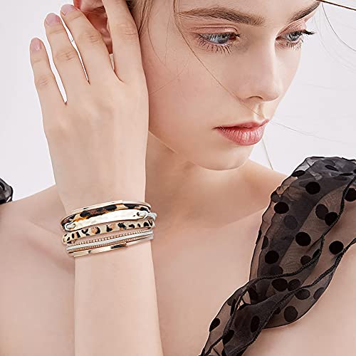 Wowanoo 3Pack Leather Cuff Bracelet Set Multilayer Wrap Bracelet Crystal Feather Tree Bracelet Magnetic Clasp Bracelet for Women - color: Leopard Black
