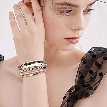Wowanoo 3Pack Leather Cuff Bracelet Set Multilayer Wrap Bracelet Crystal Feather Tree Bracelet Magnetic Clasp Bracelet for Women - color: Leopard Black