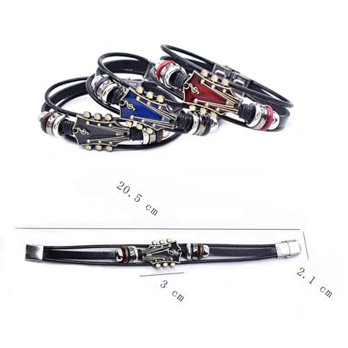 Angyape Retro Faux Leather Guitar Bracelet, Zinc Alloy Rock Music Guitar Leather Bracelet Punk Handmade Braided Multi-Layer Wrap Guitar Shape Decorative Cuff Bracelet Musical Enthusiast Gift - color: Red&Blue