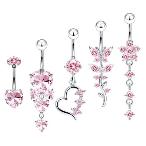 Vsnnsns 14G Dangle Belly Button Ring Piercing Jewelry 316L Stainless Surgical Steel Navel Rings Cubic Zirconia Heart Flower CZ Dangling Belly Button Ring Piercing Jewelry for Women 14 Gauge - color: Silver-Pink CZ