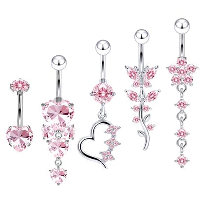 Vsnnsns 14G Dangle Belly Button Ring Piercing Jewelry 316L Stainless Surgical Steel Navel Rings Cubic Zirconia Heart Flower CZ Dangling Belly Button Ring Piercing Jewelry for Women 14 Gauge - color: Silver-Pink CZ