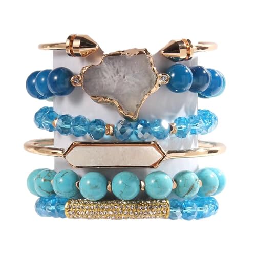 Yomisa 5PCS 6PCS Natural Boho Beaded Bracelets/Bangle for Women Men,Healing Turquoise Jasper Agate Crystal Gemstone Stone Chakra Multilayer Wrap Bohemian Handmade Jewelry Beads Stretch Bracelet Set - color: 6PCS-Sky blue