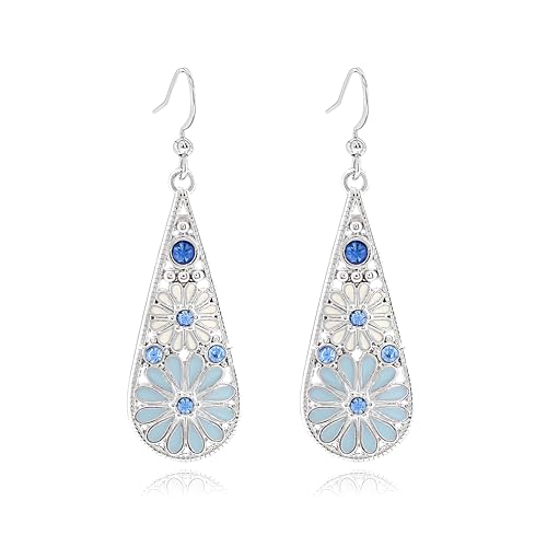 MALOYANVE Bohemian Crystal Teardrop Earrings for Women Vintage Tribal Geometric Enamel Rhinestone Hollow Flower Earring Handmade National Statement Jewelry Gift - color: Silver Light Blue