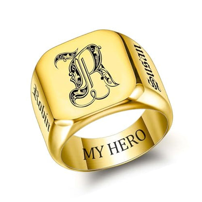 Custom Signet Ring for Men Personalized Initial Ring Custom Mens Rings Engraved Ring Customized Memorial Graduation Gifts for Father Husband Boyfriend Friends - color: Square Gold