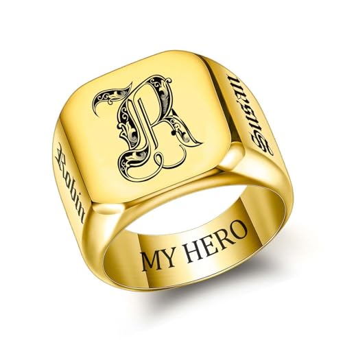 Custom Signet Ring for Men Personalized Initial Ring Custom Mens Rings Engraved Ring Customized Memorial Graduation Gifts for Father Husband Boyfriend Friends - color: Square Gold