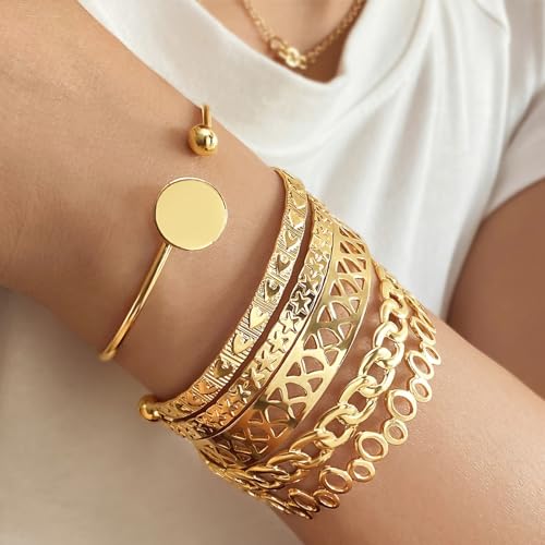 IFKM Gold Bangle Bracelets For Women, 14k Gold Plated Multi Layer Stackable Cuff Bracelet Set, Trendy Elegance Charms Non Tarnish Minimalist Textured Boho Jewelry Gift for Women - style: 6pcs Hollow love five-pointed star