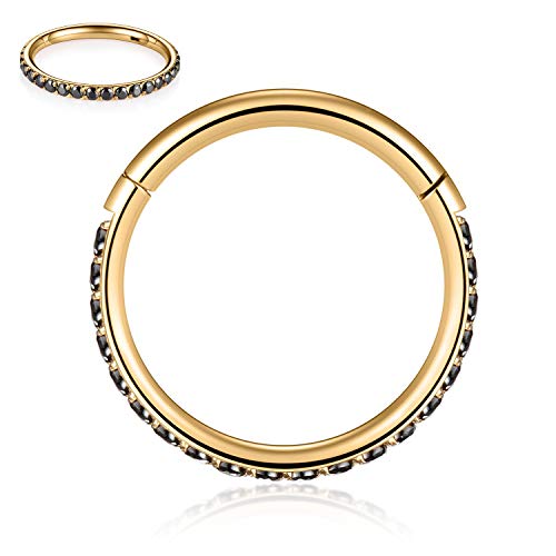 FUNLMO 20G 18G 16G 12G Nose Ring Hoop Conch Rook Daith Helix Tragus Piercing Jewelry 316L Surgical Steel Cartilage Earring Conch Hoop Earring Septum Jewelry Belly Lip Ring 5mm to 14mm - color: Gold-Black CZ, 1pc