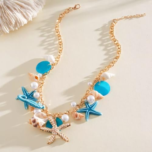 JNF Cute Shell Conch Boho Charm Necklace for Women Sun Moon Star Coin Heart Flower Boot Bow Charms Necklaces Summer Beach Jewelry - color: beachy sea shell conch blue