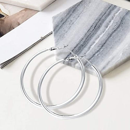 3 Pairs Sterling Silver Large Hoop Earrings Set for Women 40 50 60MM | 14K White Gold Plated, Hypoallergenic - style: L-Silver 1 Pair 70mm