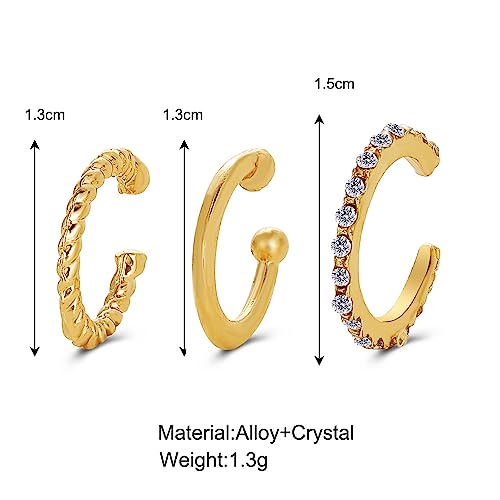3Pcs Ear Cuffs Non Piercings for Women, Trendy Cubic Zirconia Gold Silver Clip On Cuff Earrings Set Jewelry Dainty Fake Cartilage Earring - color: Gold