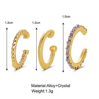 3Pcs Ear Cuffs Non Piercings for Women, Trendy Cubic Zirconia Gold Silver Clip On Cuff Earrings Set Jewelry Dainty Fake Cartilage Earring - color: Gold