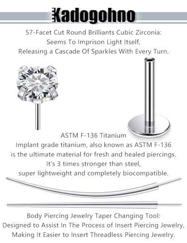 F136 Titanium 20/18/16g Internally Threaded Medusa Monroe Lip Ashley Labret Nose Rings Flat Back Tragus Helix Cartilage Conch Screw Stud Earrings Surgical Steel Piercing Jewelry for Women - color: White CZ, size: 16g*5/16in