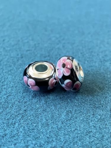 2pcs Authentic 925 Silver Murano Glass Flower Charms for Pandora Bracelets - color: 07-Black and Red