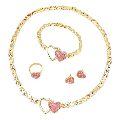 Women's Gold wedding Jewelry Set Tricolor Hugs Kisses Heart necklace set - color: 1 Heart Pink