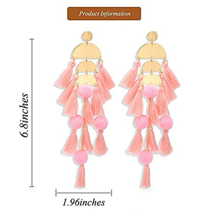Long Tassel Earrings for Women Colorful Fringe Drop Dangle Earrings Bohemian Hawaiian Summer Beach Jewelry for Womens Vacation Outfits - color: Blush Pink