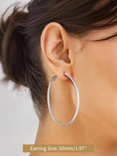 FindChic Thin Hoop Earrings for Women,Silver/Black/Gold Plated 20-100mm - color: Silver, size: 50mm