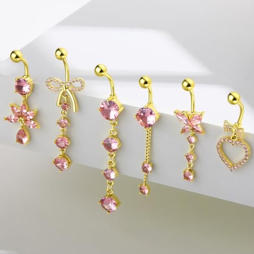 Dangle Belly Button Ring Surgical Stainless Steel Dangly Belly Rings for Women Dangling Heart Bow Butterfly Navel Belly Piercing Jewelry 14G - color: Gold Tone Pink CZ