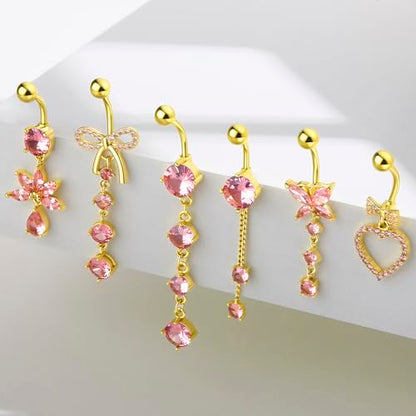 Dangle Belly Button Ring Surgical Stainless Steel Dangly Belly Rings for Women Dangling Heart Bow Butterfly Navel Belly Piercing Jewelry 14G - color: Gold Tone Pink CZ