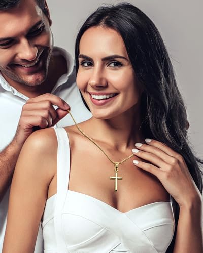 Exquisite Cross Necklace for Men and Women, Silver/Gold/Black Cross Chain with Top-grade 316L Stainless Steel Cross Pendant, 18-24 Inch Box/Byzantine Chains - color: Luxury Gold, size: 0 Inch=No Chains, style: Only Medium Pendant
